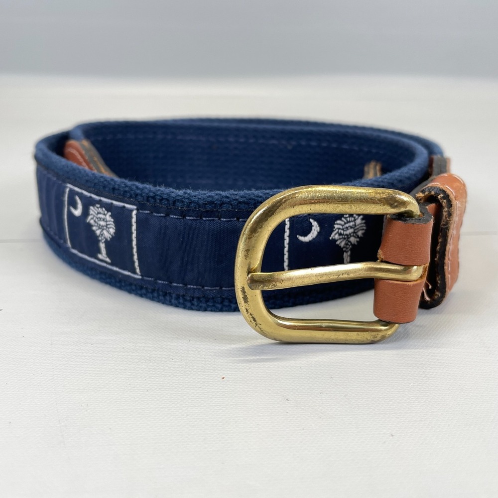 ZEP-PRO Belt Mens Size 32 Navy Fabric Leather South Carolina Palmetto Brass -USA